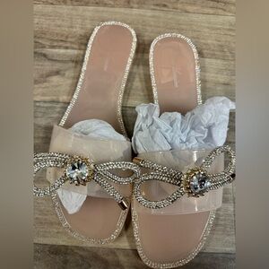 Lauren Lorraine Blush Clear Flat Sandals Crystal Bow Size 8.5 MSRP $150 NIB‎